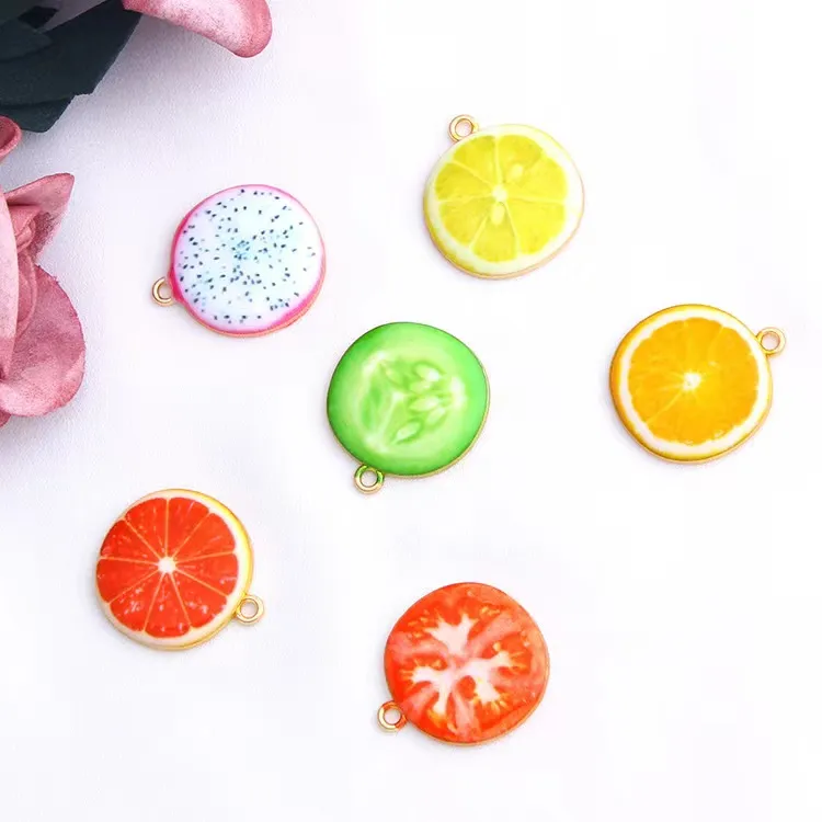 20pcs Oil Drop Strawberry Orange Metal Enamel Charms Pendants Kiwi Fruit Charms Fit for Jewelry DIY Earring Bracelet Golden Base