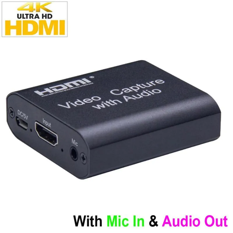 4K HD Capture Card With Audio out 4K 1080P USB 2.0 Mic. In & Audio out Video Capture Device Game Record Live Streaming Box