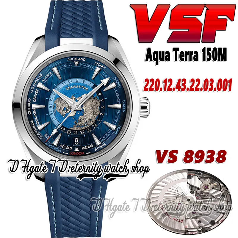 2022 VSF Aqua Terra 150M GMT Worldtimer 8938 Automatic Mens Watch 220.12.43.22.03.001 43mm Blue Dial SS+ Stainless Steel Case Rubber Strap Super Edition Eternity Watches