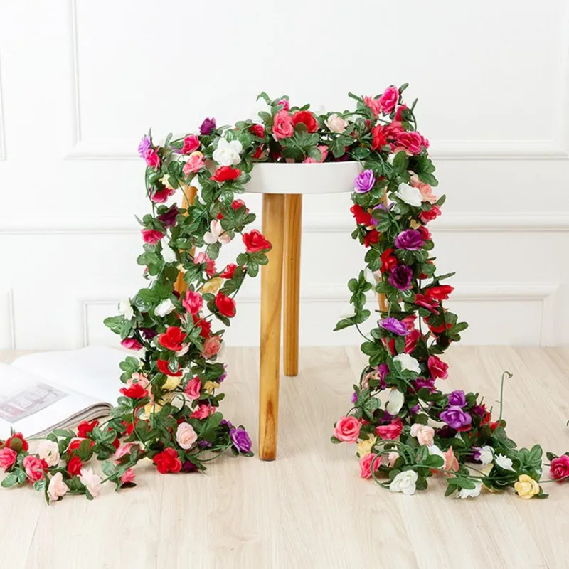 New Artificial Silk Rose Flower Foliage String Vine For Wedding Garland Hanging Home Garden Decoration 250cm/ 98inches