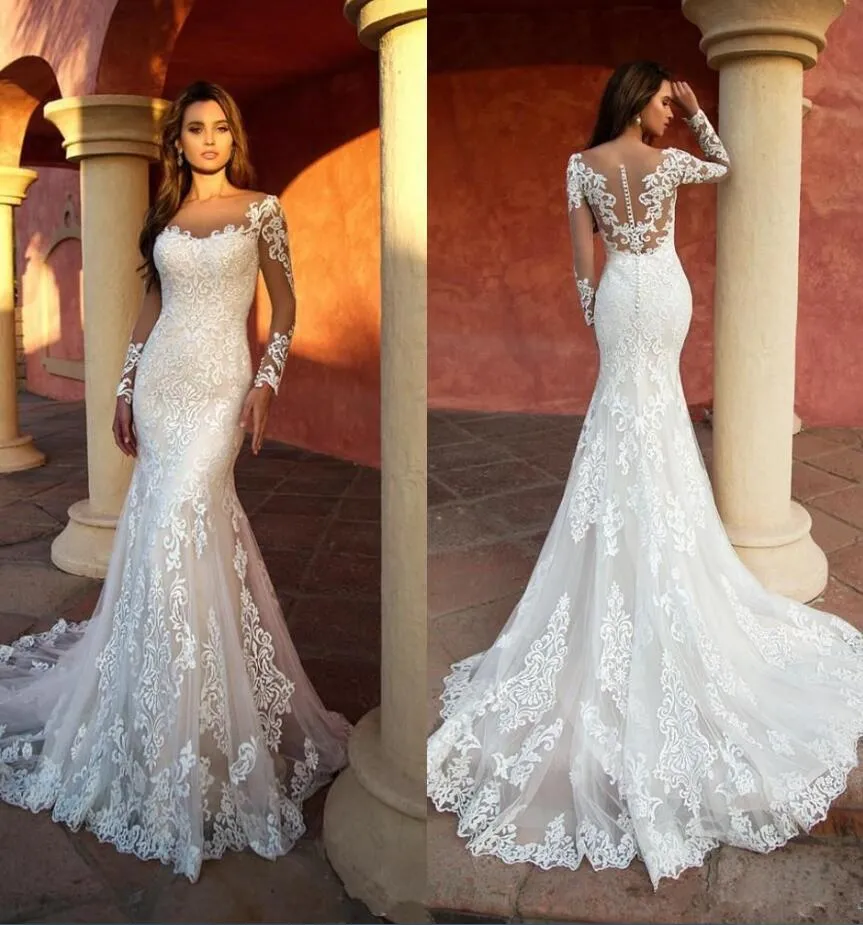 2021 Designer Full Lace Mermaid Wedding Dresses Elegant Long Sleeves Appliqued Lace Bride Dress Illusion Wedding Gowns robe de mar258t