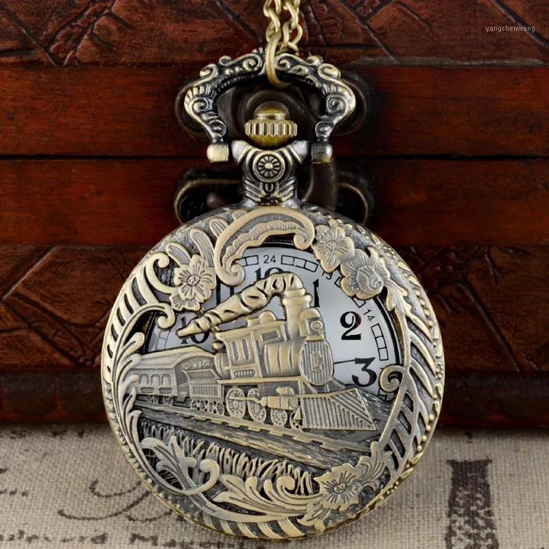 برونز هولو قطار موضوع كامل الكوارتز محفور FOB Retro Pendant Bendant Pocket Watch Chain Gift Fire Fire