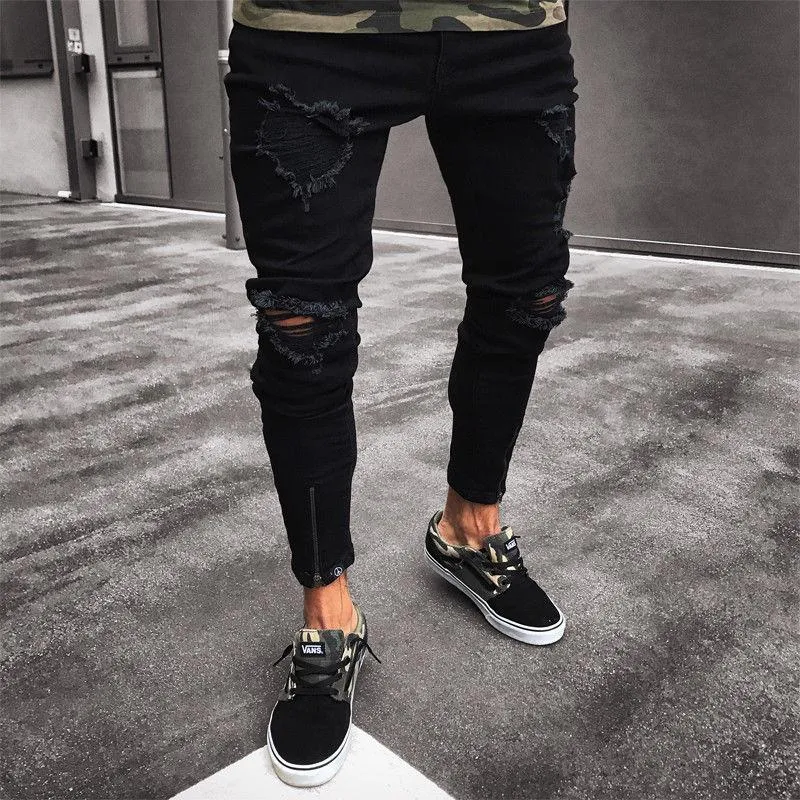 Mens Cool Designer Merk Zwarte Jeans Skinny Ripped Vernietigd Stretch Slanke Fit Hop Hop Broek met gaten voor mannen