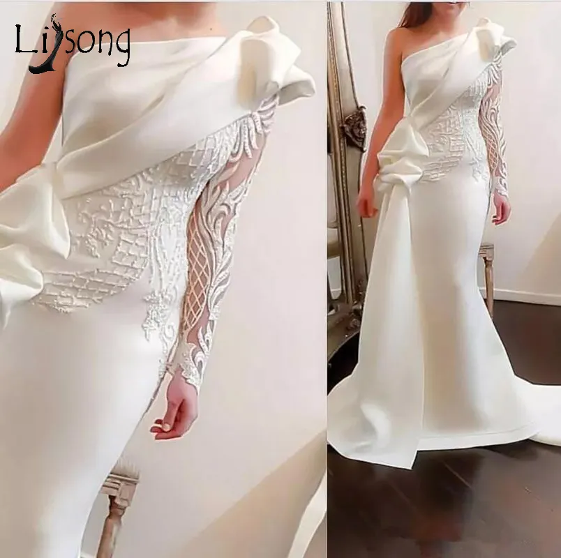 Elegant One Shoulder Mermaid Long Party Prom Dresses White Long Sleeve Satin Ruched Ruffles Applique Sweep Train Formal Evening Gowns