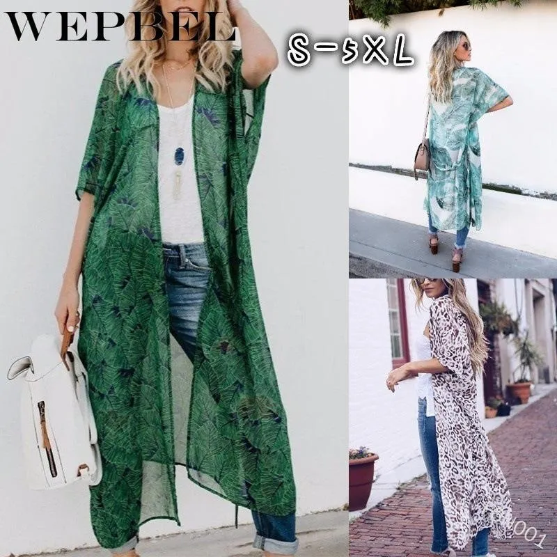 Women's Swimwear WEPBEL Women Elegant Printed Bikini Cardigan Long Kaftan Beach Cover Up Dress Girls Loose Cape Beachwear Robe1