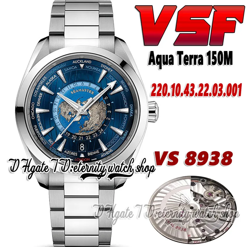 2022 VSF Aqua Terra 150M GMT Worldtimer 8938 Automatic Mens Watch 220.12.43.20.03.001 43mm Blue Dial SS + Stainless Steel Bracelet and Case Super Edition Eternity Watches