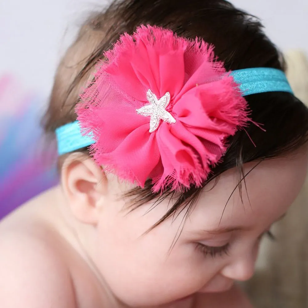 Baby Headbands Flower Hairbands Infant Rhinestone Starfish Elastyczne Szyfonowe Zespoły Głowy Dziewczyny Dzieci Akcesoria Do Włosów Princess Headdress WKha03