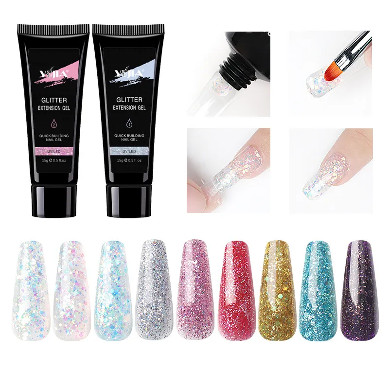 15ml Glitter Extension Nail Gel Acrylic Hard Gel 9 colors Crystal Gel Nail Polish Builder Tips Enhancement Quick Extension