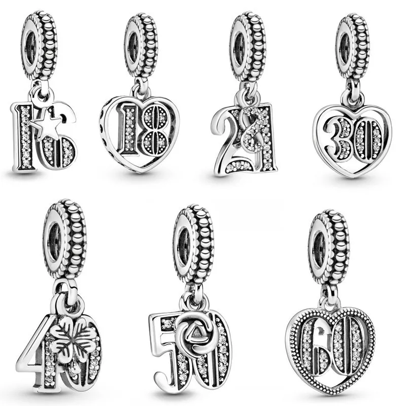 Fit Pandora Charm Bracelet European Silver Charms Beads Number Age 18th Diy21th 30th Birthday 50 Pingente DIY Snake Chain Para Mulheres Pulseira Colar Jóias