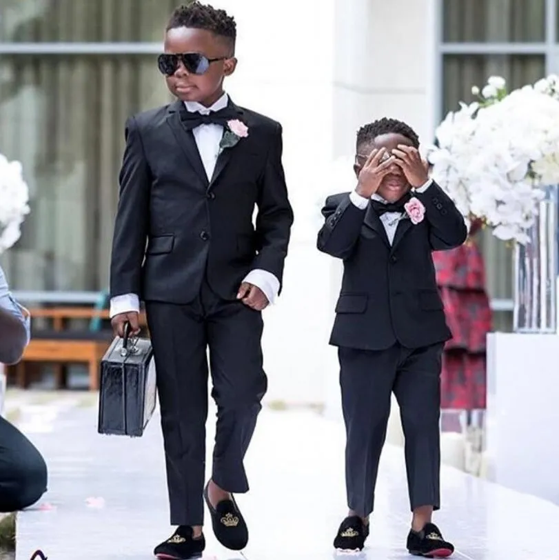 Black Ring Bearer Boy's Formal Wear Tuxedos Two Button Children Clothing For Wedding Party Kids 2 Piece Set (Jacket+ Pants+Bow) Peaked Lapel