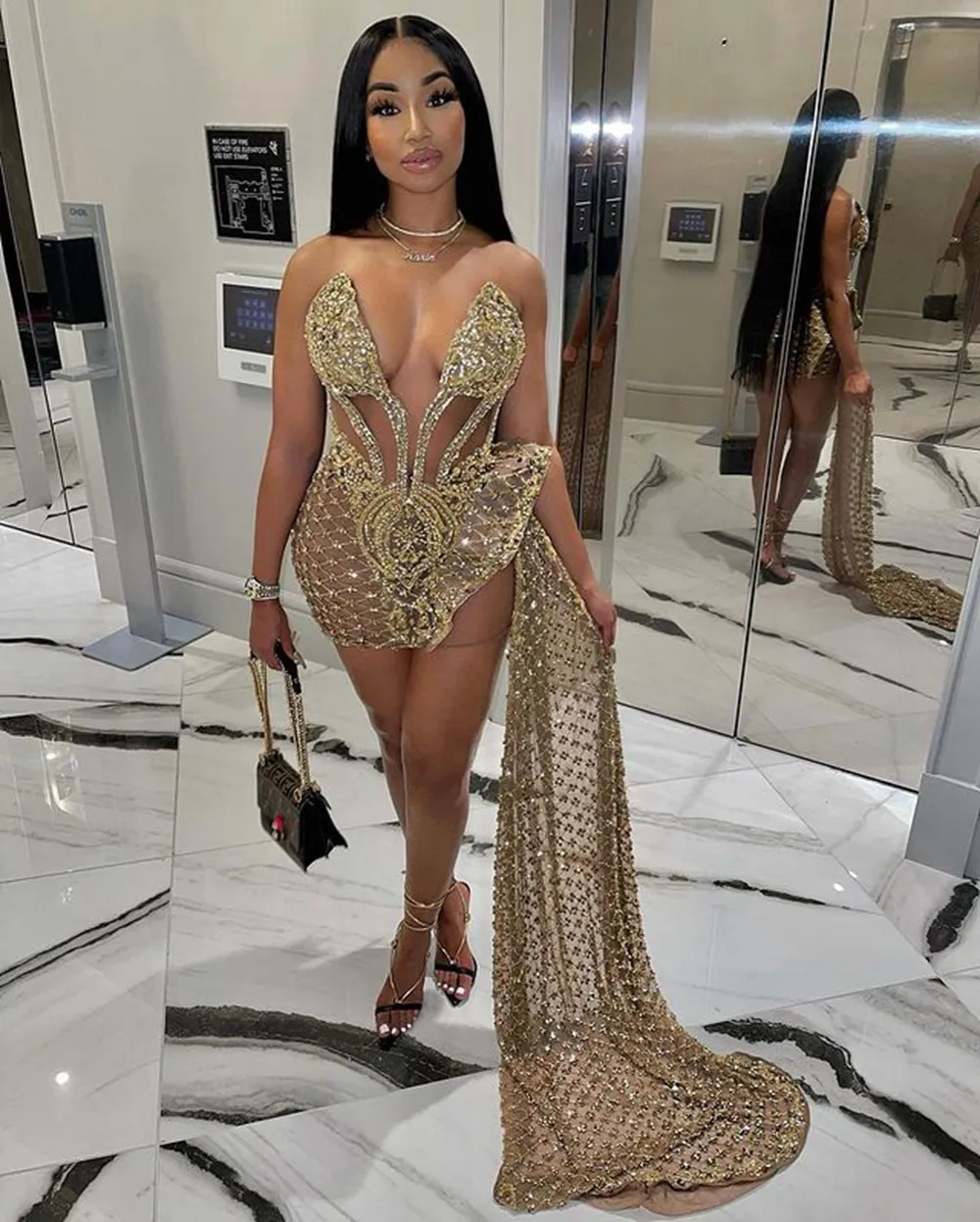 Wysoki luksusowy luksusowy zroszony cekiną krótką sukienka afrykańscy kobiety widzą przez złoto seksowne koktajl suknie 2022 Real