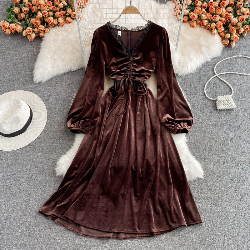Nowa jesień swobodna, solidna, szczupła, pełna szyfonowa sukienka Linia Puff Rleeve Pullover Mid Calf Sukienki 2022