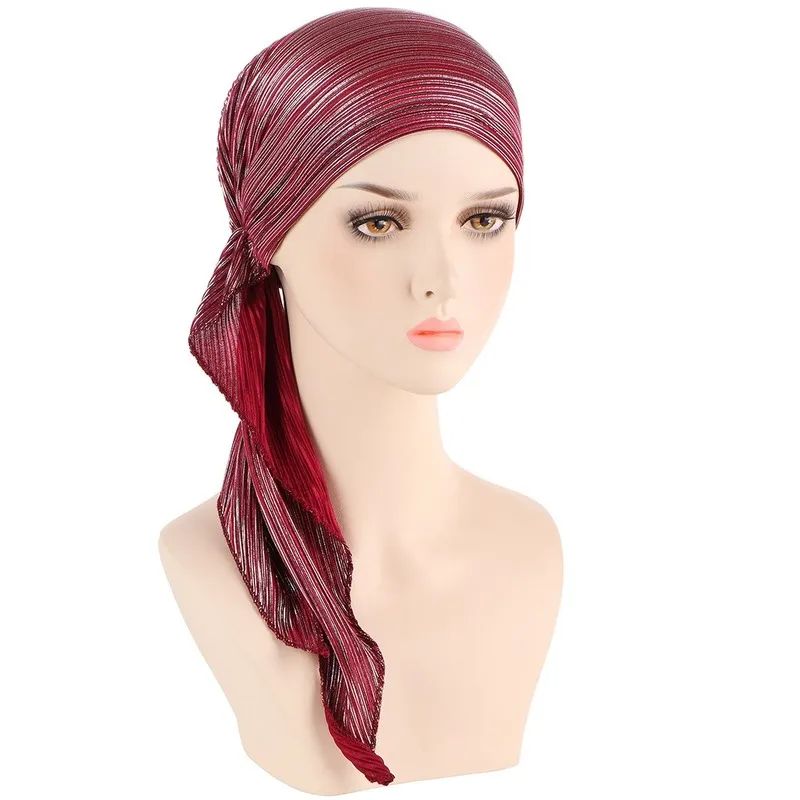 Kepahoo Moda Kobiety Crinkle Długi Ogon Turban Kapelusz Muzułmanin Bow Hair Scarf Headwrap Bonnet Femme Headdress Kapelusze Cancer Chemo Cap