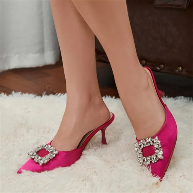 2022 New Arrival Square Buckle Crystal Silk Women Sandals Slipper Spring Summer Pointed High Heels Party Prom Lady Shoes