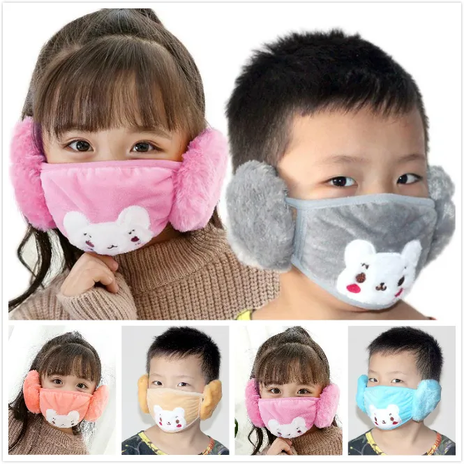 人気2 in 1耳の保護ベアフェイスマスク子供マウスマスクアンチダストフェイスマスク冬の口マッフルイヤーフラップ