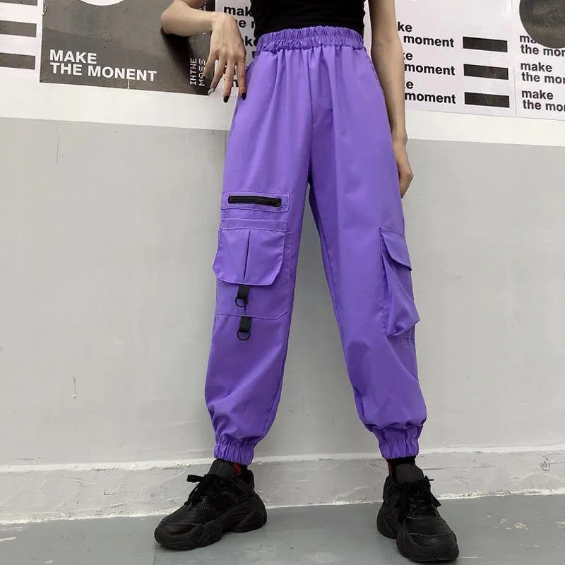 High Waist Purple Cargo Joggers With Big Pockets Womens Streetwear