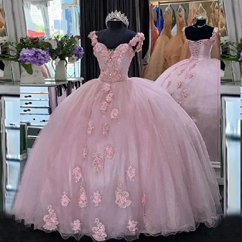 Fabulous Hand Made Flowers Sweet 16 Dresses Ball Gown With Applique Crystal Off Shoulde Corset Back Vestidos De Quinceanera Dress Plus Size