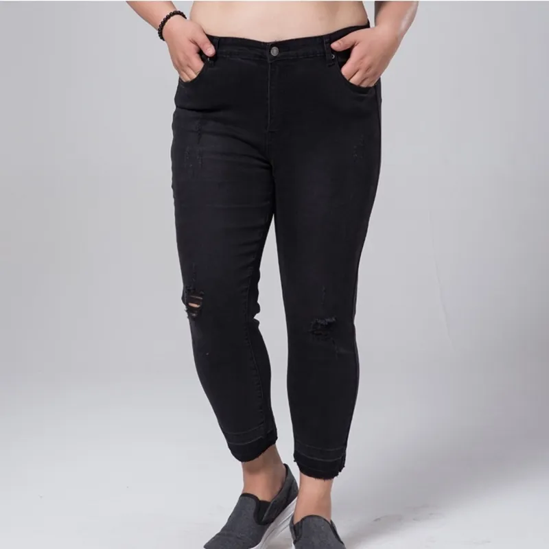Plus Size Ripped Jeans For Women, High Waisted Distressed Denim