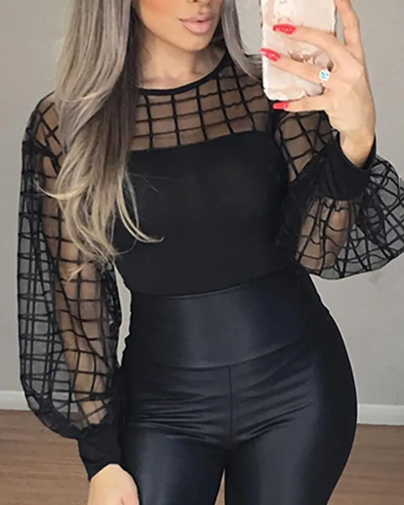 Hot Women Sheer Grid Mesh Casual Blouse Shirt Kvinnor Långärmad Toppar Blus Svart Plaid Slim Toppar Sommar Fall Lantern Sleeve Blusas 2020