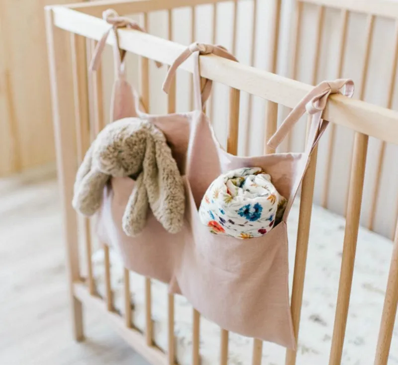 Bedside Storage Bag Linen Baby Crib Hanging Bag Nursery Bed Rails Book Toy Diaper Pockets Bed Holder 4 Colors DW6368