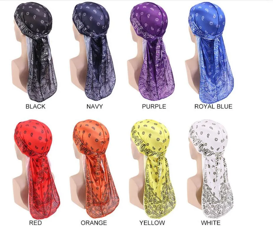 Motif Paisley Silky Durag wave Caps Nouveau Extra Long-Tail et Bretelles Larges Headwraps Pirate Cap Pour femmes et Hommes