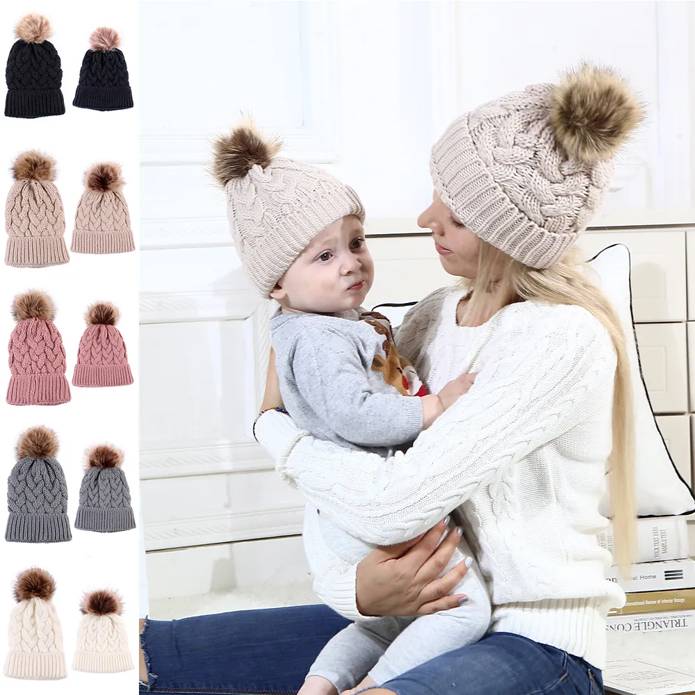 2 st ouder-kind gebreide hoed schattige baby winter warme pompon mutsen moeder kinderen bont bal muts buiten ski skull cap m191e