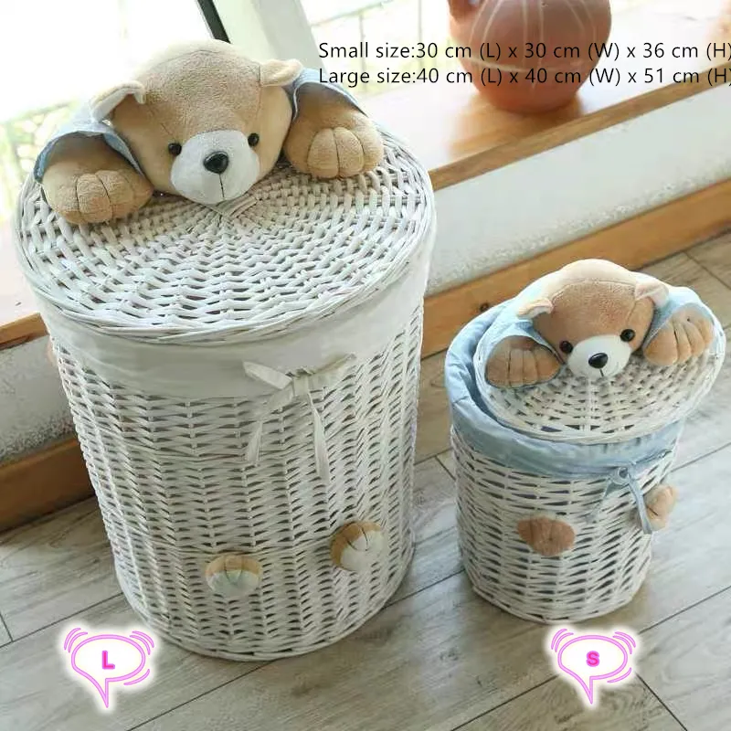 Small & Large laundry basket organizer woven wicker baskets Round Laundry Hamper Sorter Storage Basket with Bear Head Lid cesta LJ310w