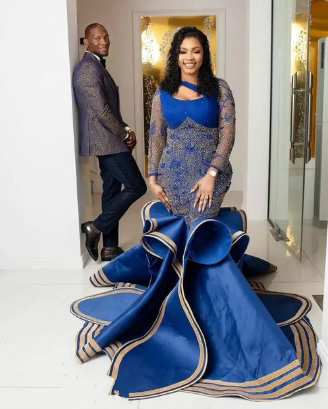 Aso ebi arabski royal blue koronkowe suknie wieczorowe z koralikami syrenka sukienki na studniówkę sexy formalne przyjęcie drugie suknie recepcyjne zj925
