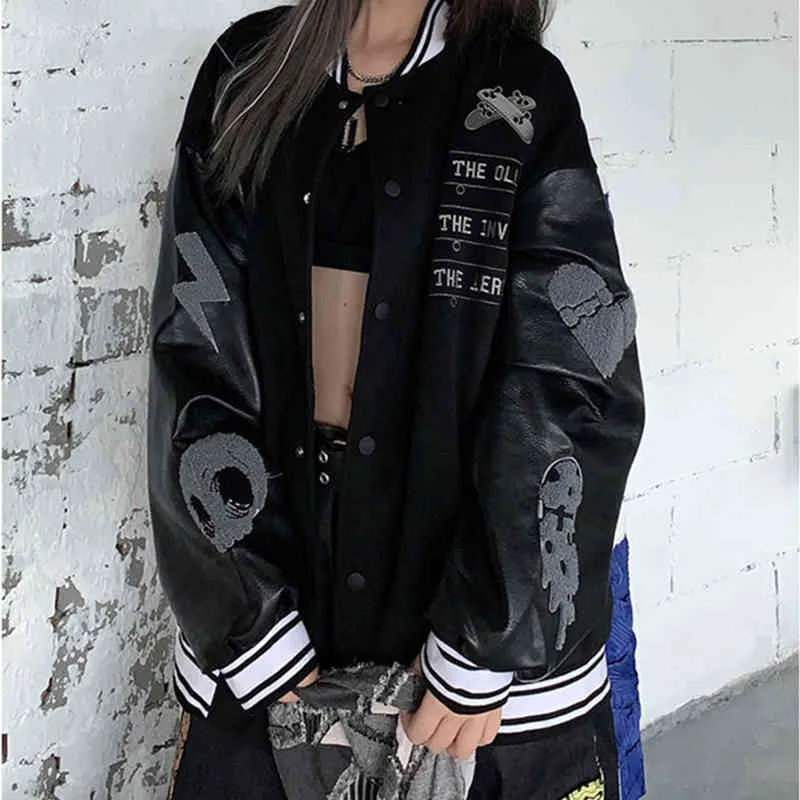 Сращивание кожаных куртков бомбардировщики женские пальто пары бейсбол куртка 2021 осенний унисекс стиль парня Varsity Hiphop Streetwear