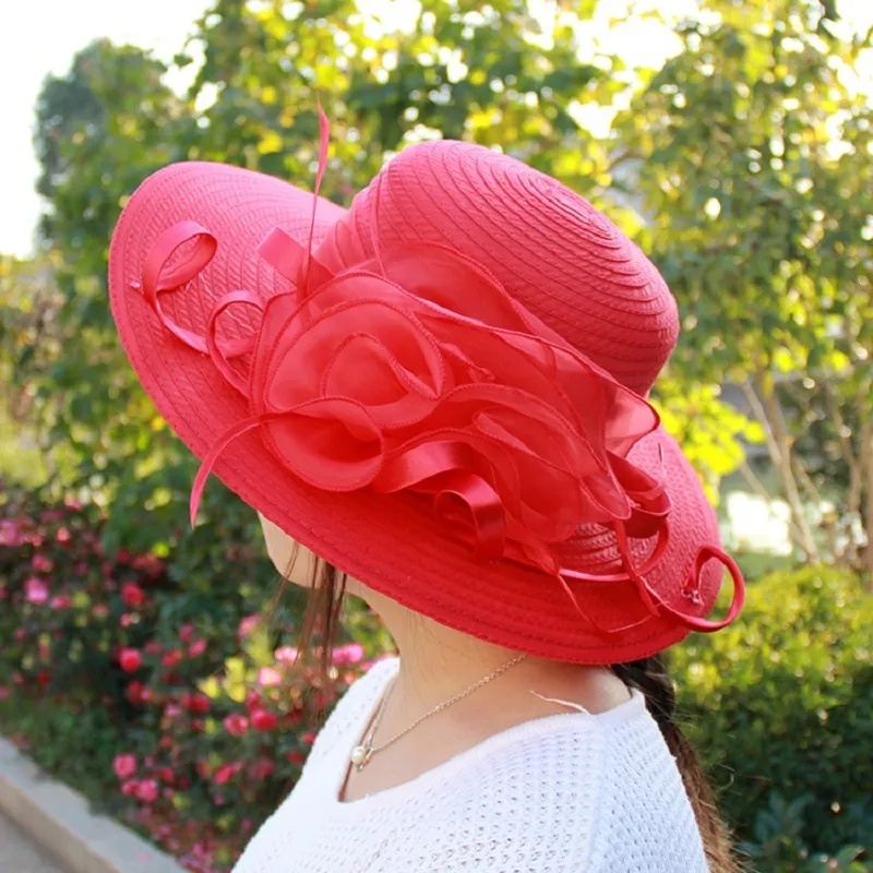 1651 Women Large Brim Straw Church Hats With Veil Flowers Beach Sun Derby Fashion Mesh Kentucky Derby Church Hat Wide Brim... From  main image 3