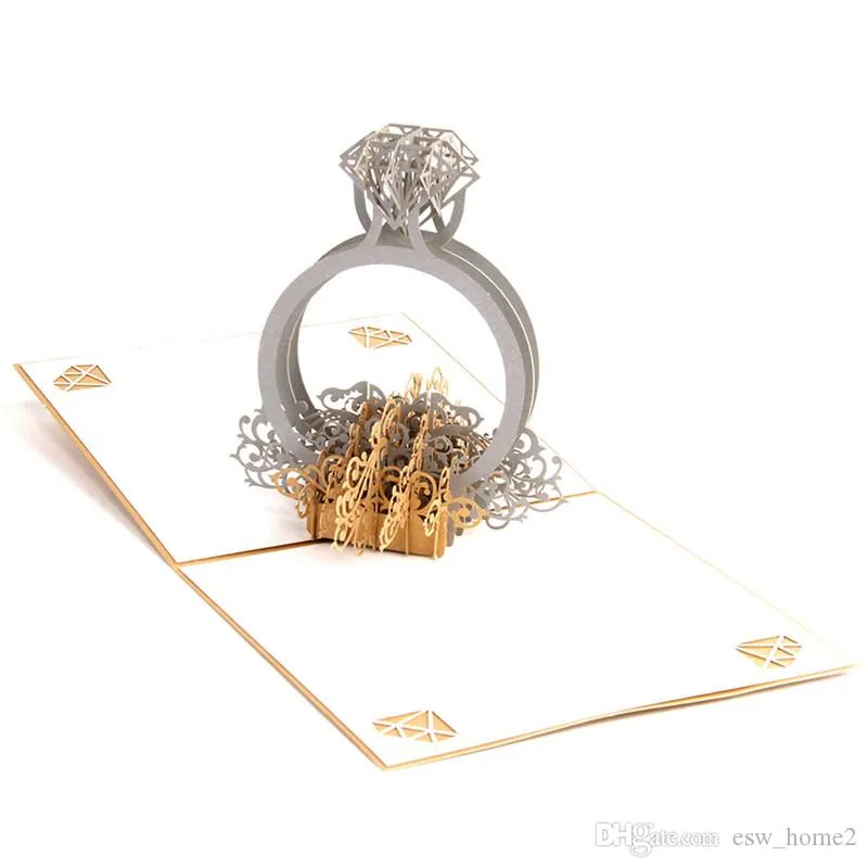Gold Laser Cut 3d Ring  Up Wedding Invitations Romantic Handmade Valentine`s Day for Lover Postcard Greeting Gift Card