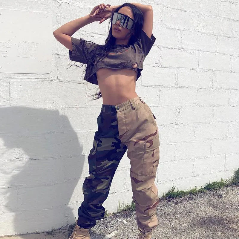 Wysoka talia splot Camo Cargo Spodnie Kobiety Joggers Spodnie Street Styl Luźny Przycisk Sport Spodnie Boczne Kieszenie dla Kobiet