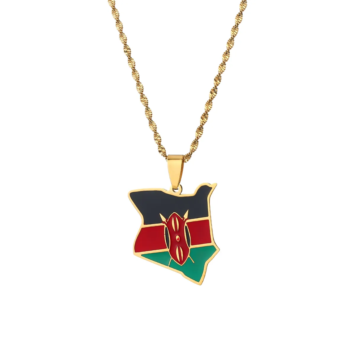 Karta över Kenya Flag Enamel Pendant Halsband Guldfärg Afrikanskt Land Kenyansk flagg smycken