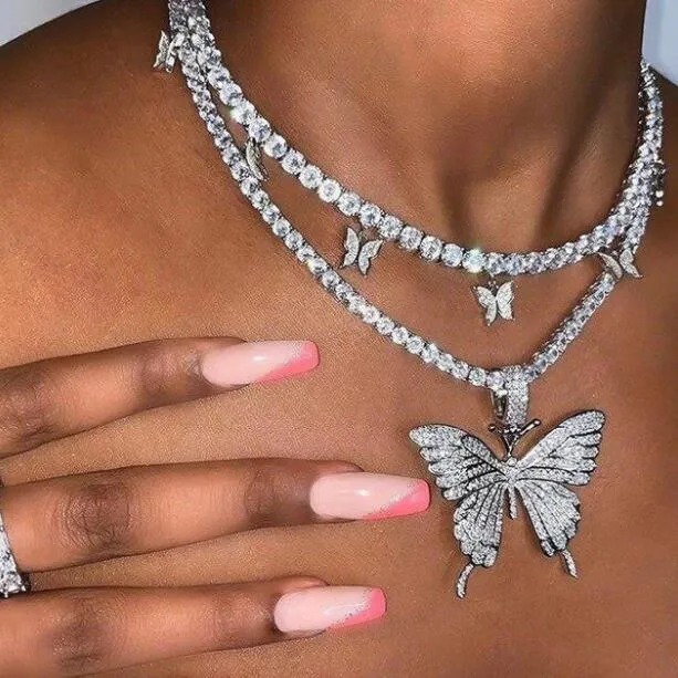 أزياء Big Butterfly Netclace Nep Hop Iced Out Rhinestone Chain for Women Bling Tennis Chain Crystal Animal Choker Jewelry