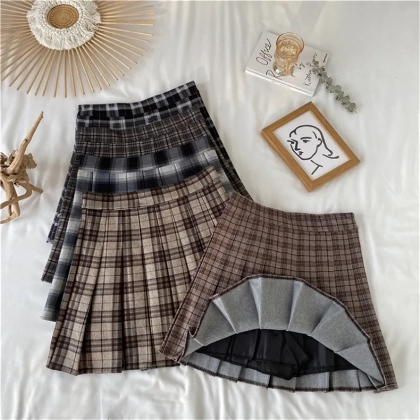 Korean Style Plaid Pleated Skirt Female Spring and Autumn High Waist Thin A-line Short Student Woolen Thick 220224