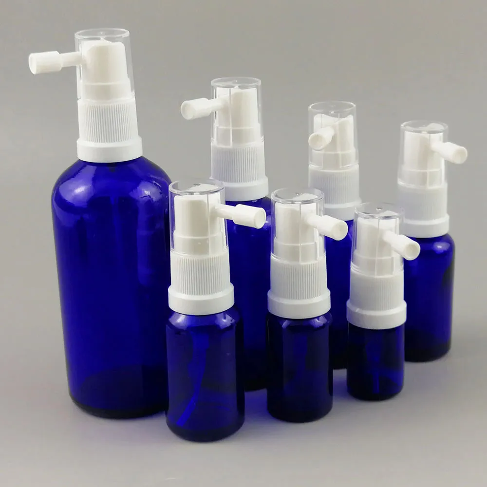 Bouteille vide en verre bleu oreille orale gorge nez pulvérisateur pompe blanche pour Solution à base d'eau 10 ml 20 ml 30 ml 50 ml 500 pièces