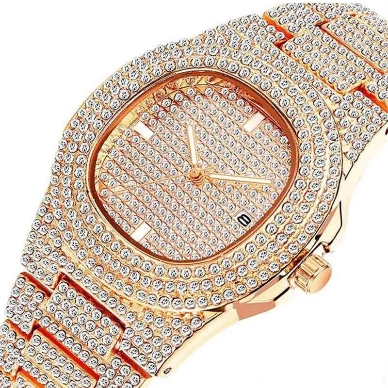 Hip Hop Iced Out Own Color Relógio Quartzo Luxo Completo Diamante Redondo Relógios Mens de Aço Inoxidável Pulso de Relógio de Pulso 201119