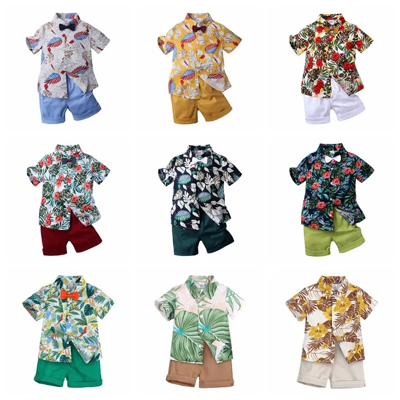 Conjuntos de shorts para bebê menino de 1 a 7 anos, roupa havaiana, camiseta infantil floral de manga curta + ternos curtos