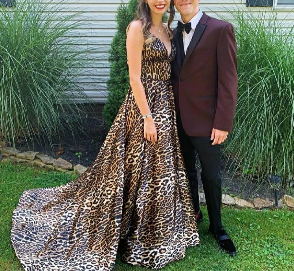 Sexy Mermaid Leopard V Neck Prom Dresses Line Satin Formalne wieczorowe suknie wieczorowe tanie