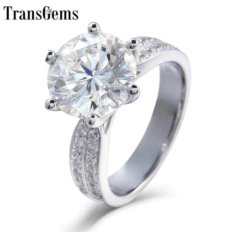 TransGems 2.5CT ct 8.5mm F Color Moissanite Engagement Ring for Women Solid 14K 585 White Gold Ring wiht Accents in Band Y200620