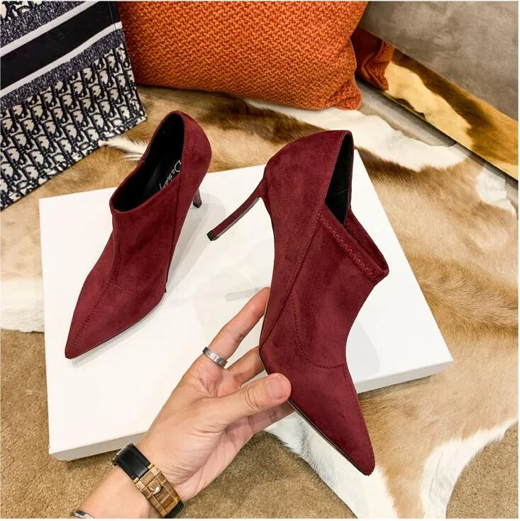 2020 Meilleures ventes femmes talons hauts bottes filles bureau dame décontracté automne cuir souple bout pointu chaussures de mode vin noir taille 40 41 # P34