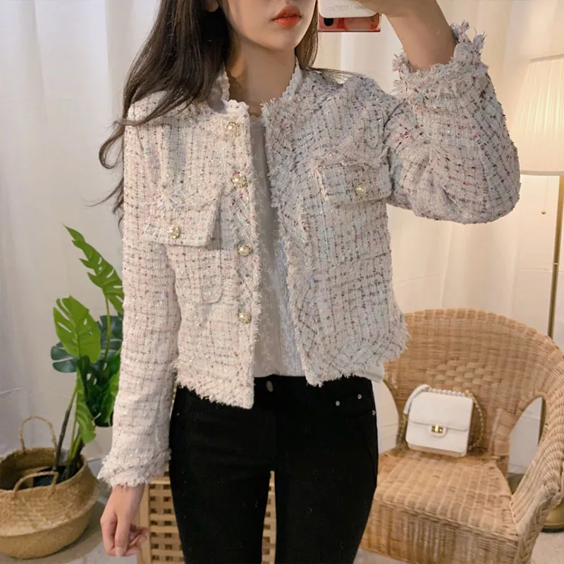 Neue Frühlingsmantel Frauen Tweed Jacke hochwertige kleine Duft Patchwork Jacke Frauen koreanische Tweed kurze elegante Herbst Q4 201006