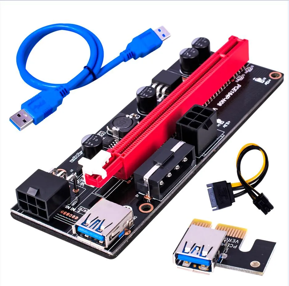 Black PCIE Riser ver 009S Card PCI E 1X 4x 8x 16x Extender USB 3.0 Cable SATA A 6PIN MOLEX Adaptador para la minería BTC