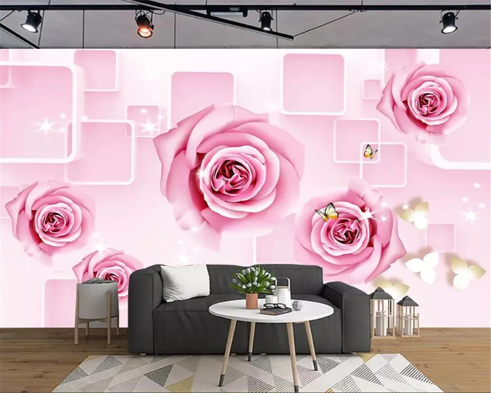 Beibehang Пользовательские 3D фото обои современный Розовые розы бабочка 3d гостиной диван ТВ фона behang