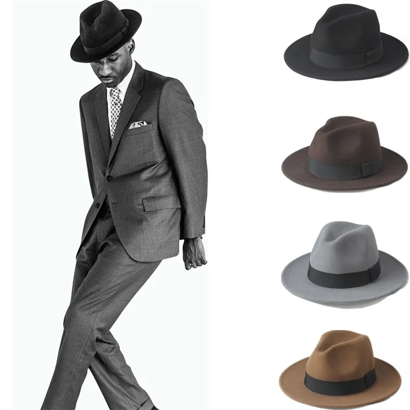 2big Maat 56-58, Afmeting 59-61cm 100% Wol Heren Vilt Trilby Fedora Hat voor Heren Brede Bravel Top Cloche Panama Sombrero Cap Y200110