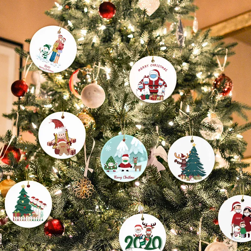 Nuevo y popular adorno de árbol de Navidad de cerámica, redondo, de doble cara, de cerámica, de Papá Noel, multicolor, multipatrón, decoración del festival.