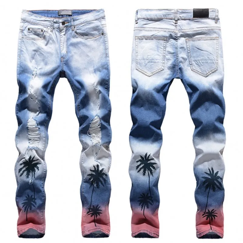 Högkvalitativa Mens Jeans Coconut Palm Printed Colored Ripped Jeans Slim Fit Holes Distressed Stretch Denim Pants Byxor Jeans