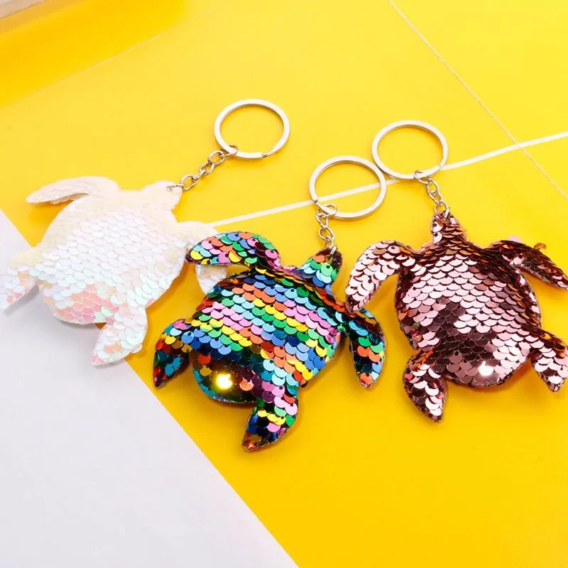 Creativity Bling Sequin Keychain Pendant Crafts Colorful Shiny Tortoise Car Key Chain Ring Ladies Bag Pendants Jewelry Accessories Gift