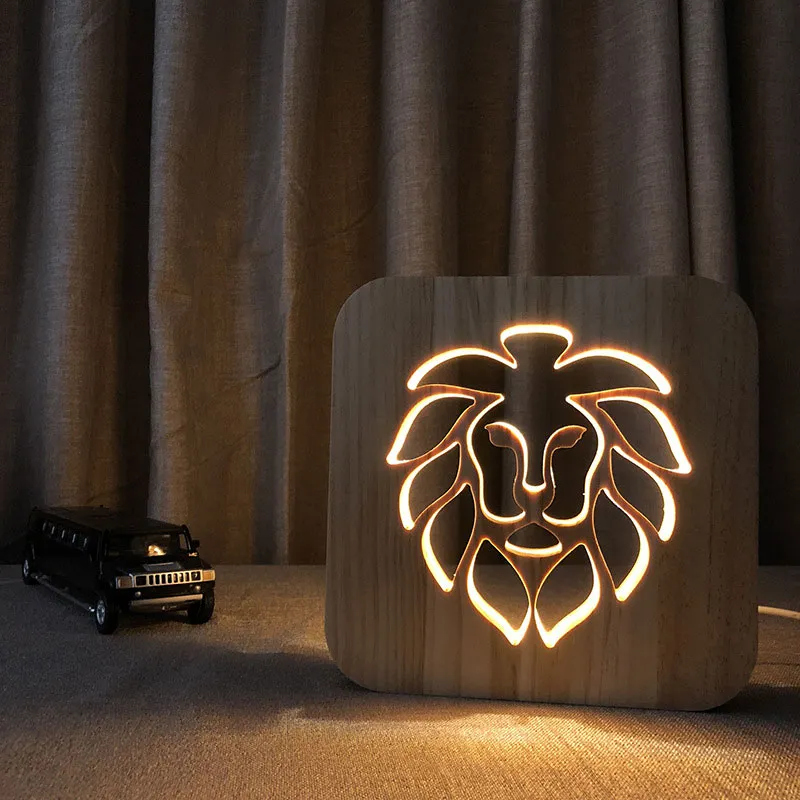 3D-houten lamp dierlijke leeuw stijl usb led nacht licht schakelaar bediening hout snijwerk kinderen kamer decoratie lamp