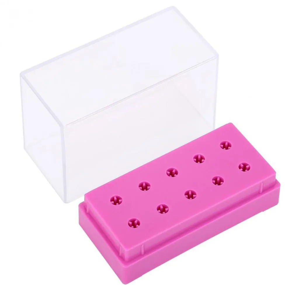 10 hål nagelborrbitar Holder Display Stående med Cover Storage Box Nail Art Equipment Sliphuvuden Displayer Manicure Tool